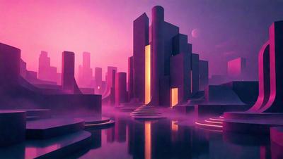 The primary subject of the image is a futuristic cityscape with tall buildings and a large, pink-colored structure. The setting is a city with a large body of water, and the visual style is a combination of digital art and illustration. The dominant colors in the image are pink and purple, creating a unique and captivating atmosphere.