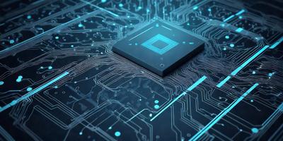 The primary subject of the image is a square-shaped computer chip, which is the main object in the scene. The setting is a blue background, which creates a futuristic and technological atmosphere. The visual style is a digital art, illustration, or drawing, as the chip is depicted in a detailed and intricate manner. The colors and mood of the image are predominantly blue, which adds to the futuristic and technological theme.