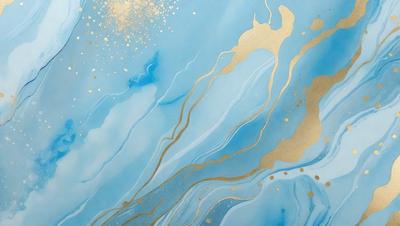 The primary subject of the image is a blue and gold painting featuring a swirling design. The setting is a wall, and the visual style appears to be a combination of digital art and illustration. The dominant colors in the painting are blue and gold, creating a sense of depth and richness.