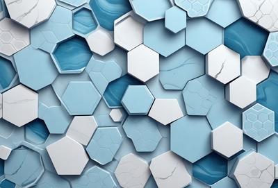 The primary subject of the image is a blue and white marble wall with hexagonal shapes. The setting is a room with a blue and white marble wall as the main focus. The visual style is a close-up of the marble wall, showcasing its intricate design. The colors and mood of the image are predominantly blue and white, creating a clean and elegant atmosphere.