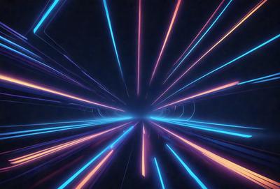 The primary subject of the image is a brightly colored tunnel, with a blue and pink light show. The setting is a dark background, which contrasts with the vibrant colors of the tunnel. The visual style is a digital art or illustration, creating a futuristic and dynamic atmosphere. The dominant colors are blue and pink, which evoke a sense of excitement and energy.