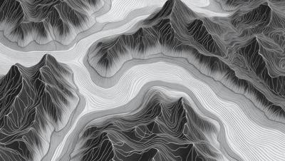 The primary subject of the image is a mountainous landscape, featuring a mountain range with a valley in between. The setting is a black and white drawing, giving it a classic and timeless appearance. The visual style is a combination of digital art and illustration, creating a detailed and intricate representation of the mountain range. The colors and mood of the image are predominantly black and white, with a sense of depth and contrast, evoking a sense of adventure and exploration.
