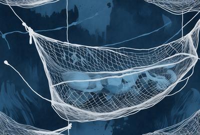 The primary subject of the image is a fishing net, which is the main object in the scene. The setting is a blue background, which adds to the overall atmosphere. The visual style of the image is a combination of a photo and digital art, creating a unique and artistic representation of the fishing net. The colors in the image are predominantly blue, which contributes to the calm and serene mood of the scene.