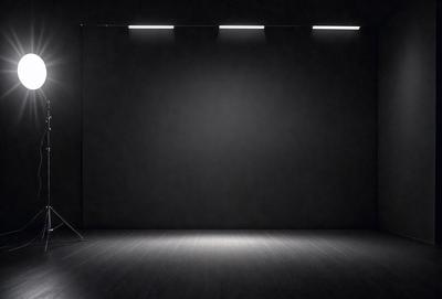 The primary subject of the image is a large, empty room with a black background. The setting is a darkened room with a black curtain, and the visual style is a black and white photo. The colors and mood of the image are predominantly dark and moody, creating a dramatic atmosphere.
