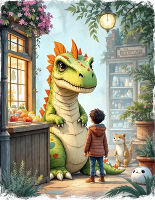 Primary subject: A large green dinosaur-like creature, possibly a dragon or a lizard, standing in front of a store.

Setting/background: The store has a window display with various items, including a potted plant, a vase, and a bowl. The store also has a light above it.

Visual style: The image is a digital art or illustration, featuring a detailed and colorful depiction of the dinosaur-like creature.

Colors and mood: The colors in the image are predominantly green, with some red accents on the dinosaur-like creature. The overall atmosphere is lively and engaging, with the dinosaur-like creature standing in front of the store, possibly attracting customers.