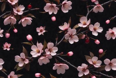The primary subject of the image is a close-up of a tree filled with pink flowers. The tree is surrounded by a black background, which emphasizes the vibrant colors of the flowers. The visual style of the image is a combination of photo and digital art, creating a realistic yet artistic representation of the tree and its flowers. The dominant colors in the image are pink and white, giving the scene a delicate and serene atmosphere.