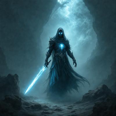 The primary subject of the image is a person dressed in a blue robe, holding a sword. The person appears to be a knight or a warrior, possibly a character from a fantasy or medieval setting. The setting is a dark, cave-like environment, with a rocky background and a blue glow illuminating the scene. The visual style of the image is a digital art or illustration, with a focus on the character and the sword. The colors and mood of the image are dark and dramatic, creating a sense of mystery and danger.