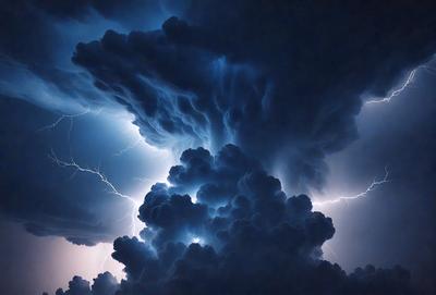 The primary subject of the image is a cloudy sky with lightning bolts streaking through it. The setting is a dark, cloudy night, and the visual style is a photo. The dominant colors are blue and white, with the lightning bolts adding a sense of energy and excitement to the scene.
