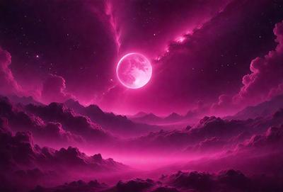 The primary subject of the image is a pink moon, which is set against a purple sky. The setting is a cloudy night sky, and the visual style appears to be a digital art or illustration. The dominant colors in the image are pink and purple, creating a serene and dreamy atmosphere.