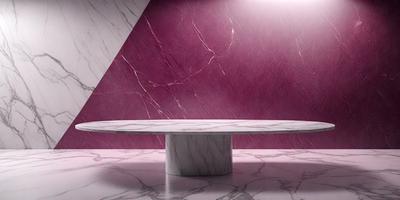 The primary subject of the image is a white marble table with a round top. The table is placed in a room with a purple wall, which adds a vibrant touch to the space. The visual style of the image is a photo, capturing the details of the table and the surrounding environment. The colors and mood of the image are predominantly white and purple, creating a clean and elegant atmosphere.