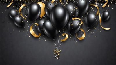 The primary subject of the image is a balloon with a bow on it. The balloon is black and gold, and it is floating in the air. The setting is a gray background, which provides a contrasting backdrop for the balloon. The visual style is a digital art, as the balloon is depicted in a realistic manner. The colors and mood of the image are predominantly black and gold, giving it a sophisticated and elegant appearance.