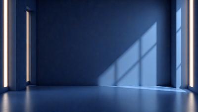 The primary subject of the image is a window with a blue wall behind it. The setting is a room with a blue wall, and the visual style is a photo. The colors and mood of the image are predominantly blue, creating a calm and serene atmosphere.