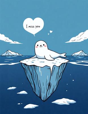 The primary subject of the image is a cute, heart-eyed seal sitting on a piece of ice. The setting is a blue ocean, and the visual style is a digital art or illustration. The colors are predominantly blue, with a few white elements, creating a calm and serene atmosphere.