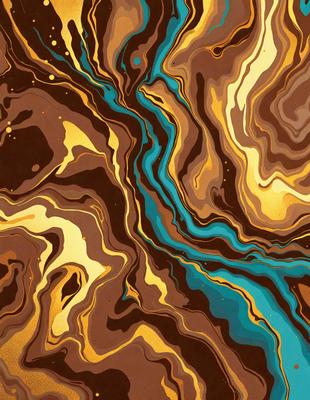 The primary subject of the image is a colorful, abstract design featuring a mix of blue, gold, and brown colors. The setting is a patterned surface, possibly a wallpaper or a textile, with a gold and brown color scheme. The visual style appears to be a combination of digital art and illustration, creating a unique and eye-catching design. The overall atmosphere is vibrant and lively, with the colors and patterns creating a sense of depth and movement.