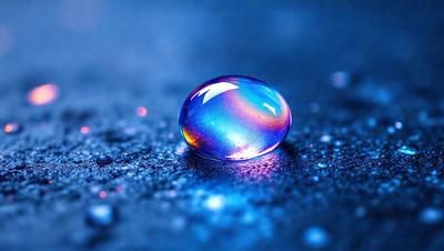 The primary subject of the image is a single, large, blue and purple bubble. The bubble is sitting on a black surface, which could be a table or a ground. The visual style of the image is a close-up of the bubble, emphasizing its unique color and texture. The colors and mood of the image are predominantly dark and moody, with the blue and purple hues of the bubble creating a striking contrast against the black background.