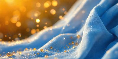 The primary subject of the image is a blue cloth with gold glitter on it. The setting is a room with a backdrop of a wall. The visual style is a photo, and the dominant colors are blue and gold, creating a warm and elegant atmosphere.