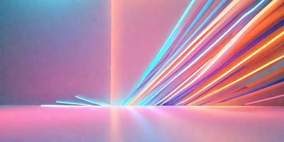 The primary subject of the image is a large, colorful light display. The display is set against a pink background, creating a vibrant and lively atmosphere. The visual style of the image is a combination of digital art and illustration, with the light display resembling a rainbow. The colors and mood of the image are predominantly pink and lively, making it an eye-catching and cheerful scene.