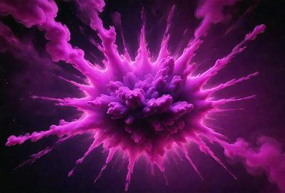 The primary subject of the image is a purple, pink, and white cloud. The cloud is the main object, scene, or focus of the image. The setting or background is a dark purple sky, which contrasts with the cloud. The visual style of the image is digital art, as it appears to be a digital painting or illustration. The dominant colors in the image are purple, pink, and white, creating a vibrant and lively atmosphere.