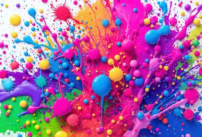 The primary subject of the image is a colorful, abstract painting featuring a mix of colors and various shapes. The painting is displayed on a white wall, creating a striking contrast. The visual style of the painting is a combination of digital art and illustration, giving it a unique and vibrant appearance. The dominant colors in the painting are pink, blue, and yellow, creating a lively and cheerful atmosphere.