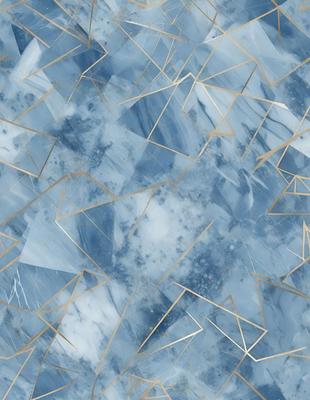 The primary subject of the image is a blue and gold patterned wallpaper. The setting is a blue and white marbled wall, which serves as the background. The visual style is a combination of digital art and illustration, creating a unique and eye-catching design. The dominant colors are blue and gold, giving the wallpaper a luxurious and elegant appearance.
