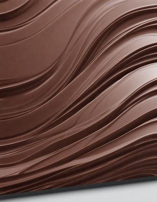 The primary subject of the image is a close-up of a chocolate-colored wave, which appears to be a piece of chocolate art. The setting is a surface with a patterned texture, and the visual style is a combination of photo and digital art. The dominant colors are brown and black, creating a rich and moody atmosphere.