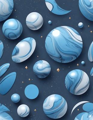 The primary subject of the image is a collection of blue and white balls, which are floating in a blue space. The setting appears to be a night sky, with the balls scattered throughout the scene. The visual style of the image is digital art, as it is a well-rendered and detailed illustration. The dominant colors in the image are blue and white, creating a calm and serene atmosphere.