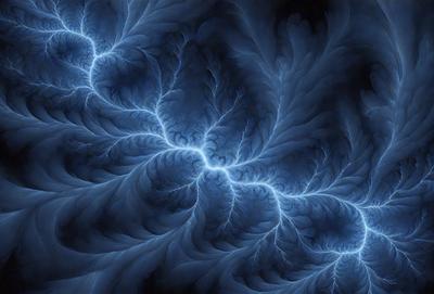The primary subject of the image is a blue, lightning-like pattern or design. The setting is a dark background, which contrasts with the bright blue lightning-like pattern. The visual style appears to be a digital art or illustration, as it is a detailed and intricate design. The colors and mood of the image are predominantly blue, creating a sense of calmness and tranquility.