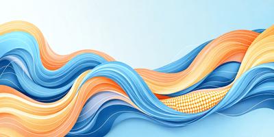 The primary subject of the image is a blue and orange wave, which is the main focus of the scene. The setting is a blue background, and the visual style is a digital art illustration. The dominant colors are blue and orange, creating a vibrant and energetic atmosphere.