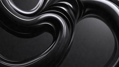 The primary subject of the image is a close-up of a black, curved, and twisted sculpture. The setting is a black background, which emphasizes the sculpture's shape and form. The visual style is a combination of photo and digital art, as the sculpture appears to be a 3D model or a digital rendering. The colors and mood of the image are predominantly black, creating a dramatic and striking visual effect.