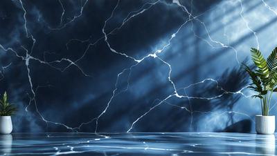 The primary subject of the image is a lightning bolt, which is the main object, scene, or focus of the image. The lightning bolt is depicted in a digital art style, with a blue background and a patterned surface. The overall atmosphere of the image is dramatic and intense, with the lightning bolt as the central point of interest.