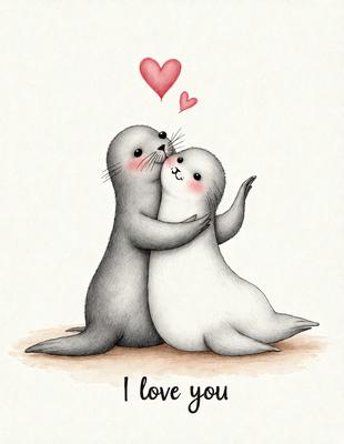 The image features a heartwarming scene of two seals, one large and one small, cuddling and kissing each other. They are positioned close to each other, with the smaller seal resting its head on the larger one. The seals are depicted in a loving and affectionate manner, creating a sense of warmth and connection. The image is likely a digital art or illustration, as it captures the emotions and interactions between the two seals in a visually appealing way.