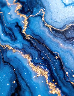 The primary subject of the image is a blue and gold swirling pattern, which appears to be a digital art or illustration. The setting is a blue and gold background, and the visual style is a combination of digital art and illustration. The dominant colors in the image are blue and gold, creating a vibrant and lively atmosphere.