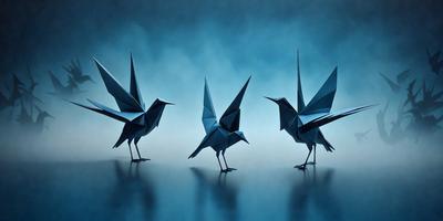 The primary subject of the image is a group of three origami birds standing next to each other on a blue surface. The setting appears to be a dark room, creating a moody atmosphere. The visual style of the image is a combination of photo and digital art, as it captures the intricate details of the origami birds. The colors in the image are predominantly blue, which adds to the overall mood of the scene.