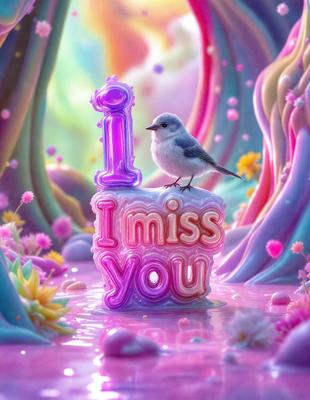 The primary subject of the image is a small bird perched on a pink and purple heart-shaped object. The heart is placed on a pink surface, which is part of a larger pink and purple background. The visual style of the image is a combination of photo and digital art, creating a whimsical and playful atmosphere. The colors and mood of the image are predominantly pink and purple, giving it a warm and inviting feel.
