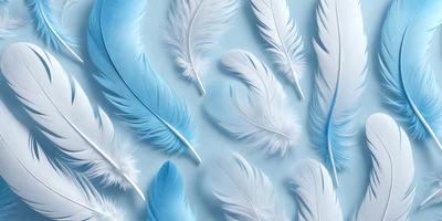 The primary subject of the image is a collection of white feathers, which are arranged in various positions and orientations. The setting is a blue background, which provides a contrasting and visually appealing backdrop for the feathers. The visual style of the image is a combination of photo and digital art, as the feathers are depicted in a realistic manner while the arrangement and composition suggest a digital artwork. The colors and mood of the image are predominantly white and blue, creating a serene and calming atmosphere.