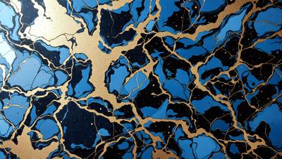 The primary subject of the image is a blue and gold patterned wallpaper. The setting is a room with a blue and gold wallpapered wall. The visual style is a close-up of the wallpaper, showcasing the intricate design. The dominant colors are blue and gold, creating a rich and luxurious atmosphere.