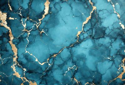 The primary subject of the image is a blue marble wall with gold accents. The setting is a room with a blue and gold marble wall, which serves as the background. The visual style is a combination of photo and digital art, creating a unique and intricate design. The dominant colors are blue and gold, giving the wall a luxurious and elegant appearance.