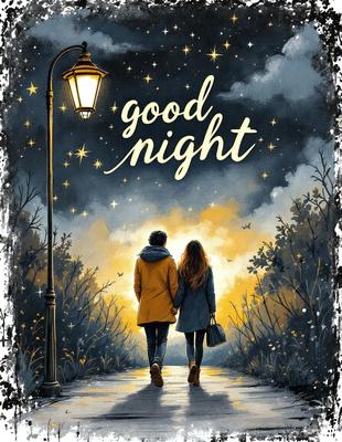 Good Night: A painting of a man and woman walking down a path at night, with the man holding the woman's hand. The sky is filled with stars, and the couple appears to be enjoying a romantic stroll. The painting has a warm and cozy atmosphere, with the couple's connection and the night sky as the main focus.