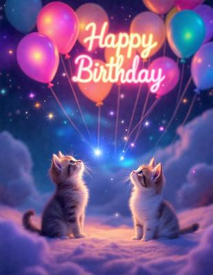The primary subject of the image is two cats sitting on a cloud. The setting is a whimsical, dreamy environment with a pink and purple background. The visual style is a digital art or illustration, creating a playful and imaginative atmosphere. The colors and mood are predominantly pink and purple, giving the scene a cheerful and lighthearted feel.