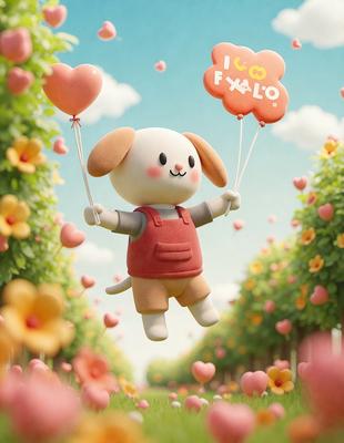 The primary subject of the image is a stuffed animal, specifically a dog, which is holding a heart-shaped balloon. The setting is a field with flowers, creating a lively and colorful atmosphere. The visual style is a combination of digital art and illustration, giving the image a unique and creative appearance. The colors and mood are predominantly pink and cheerful, reflecting the joyful and playful nature of the scene.