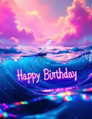 The primary subject of the image is a dragonfly, which is the main object, scene, or focus of the image. The dragonfly is flying over a body of water, which serves as the setting or background. The visual style of the image is digital art, as it is a digital illustration of a dragonfly. The dominant colors in the image are blue and purple, creating a calm and serene atmosphere.