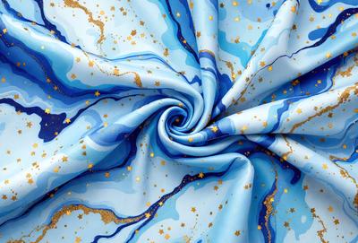 The primary subject of the image is a blue and gold fabric with a pattern of stars. The setting is a blue background, and the visual style appears to be a digital art or illustration. The dominant colors are blue and gold, creating a warm and inviting atmosphere.