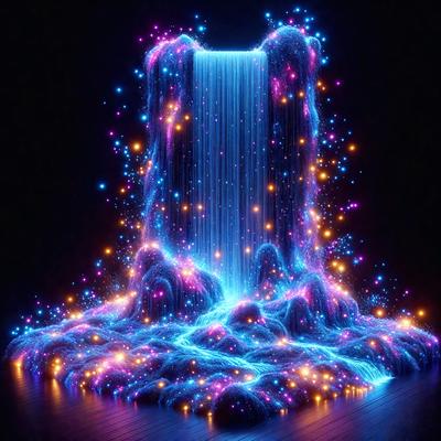 The primary subject of the image is a purple and blue light show, which appears to be a digital art or illustration. The setting is a dark room, and the visual style is a combination of bright colors and a futuristic, artistic atmosphere. The colors and mood of the image are predominantly purple and blue, creating a sense of depth and intrigue.