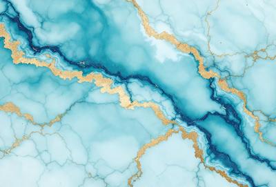 The primary subject of the image is a blue marble wall with gold accents. The setting is a room with a blue marble wall, and the visual style is a photo. The dominant colors are blue and gold, creating a luxurious and elegant atmosphere.