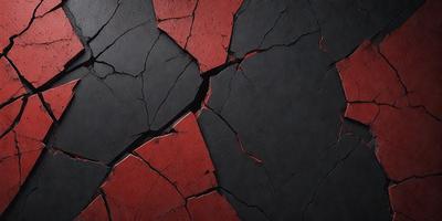 The primary subject of the image is a large crack in the ground, with a red and black color scheme. The setting is a black and red surface, possibly a rock or a piece of concrete. The visual style appears to be a close-up of the crack, emphasizing its depth and texture. The colors and mood of the image are dramatic and intense, with the red and black colors creating a striking contrast against the black and red surface.