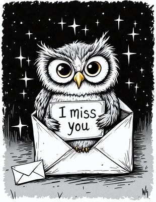 The primary subject of the image is a cute cartoon owl sitting inside a cardboard box. The owl is holding a sign that reads "I miss you." The setting is a dark room, and the visual style is a black and white illustration. The dominant colors are black and white, and the overall atmosphere is nostalgic and heartfelt.