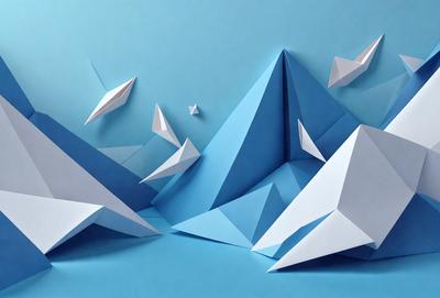 The primary subject of the image is a large, three-dimensional paper sculpture of a mountain. The setting is a blue background, which provides a striking contrast to the sculpture. The visual style is a combination of digital art and illustration, as the paper sculpture is created using a computer-aided design (CAD) program. The colors and mood of the image are predominantly blue, giving the scene a calm and serene atmosphere.