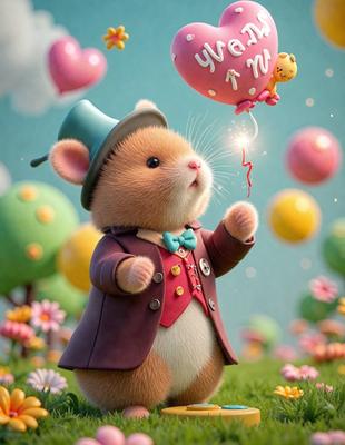 The primary subject of the image is a small, cute, and colorful rabbit wearing a top hat and bow tie. The rabbit is holding a pink balloon in its mouth, and it appears to be flying through the air. The setting is a lush, colorful garden filled with various flowers, creating a vibrant and cheerful atmosphere. The visual style of the image is a combination of digital art and illustration, giving it a whimsical and playful appearance. The dominant colors in the image are pink, purple, and green, which contribute to the overall cheerful and lively mood.
