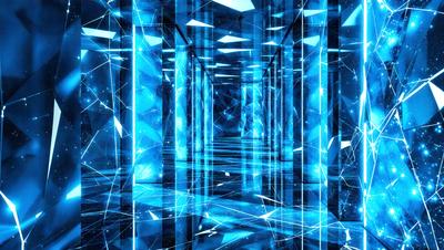 The primary subject of the image is a blue and white tunnel-like structure with a blue floor. The setting is a futuristic environment, possibly a space station or a high-tech building. The visual style is a combination of digital art and illustration, creating a unique and captivating atmosphere. The dominant colors are blue and white, giving the scene a sense of depth and sophistication.