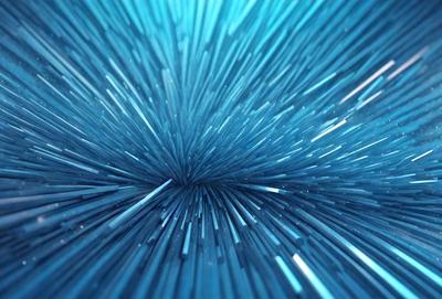 The primary subject of the image is a blue, light-filled tunnel. The setting is a bright, open space with a blue background. The visual style is a combination of a photo and digital art, creating a unique and captivating scene. The colors and mood are predominantly blue, giving the image a calm and serene atmosphere.
